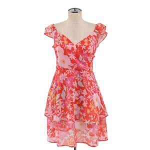 NORTH END Dress Womens Sz M Red Floral Vneck Ruffle Corinne Wrap Shift Mini Boho